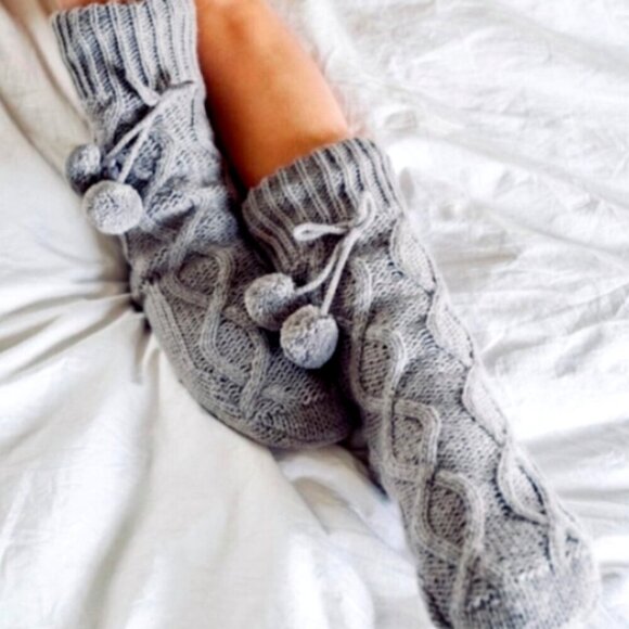 Bundle 2 Cabin Sock Slippers S/M (5-7.5) Muk Luks Gray Pom Pom Purple Nordic 29Y - Picture 4 of 6